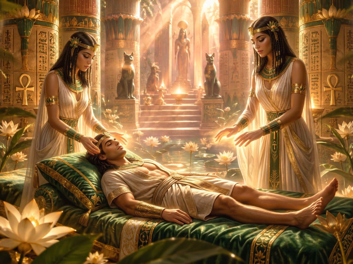 Sacred healing touch in a golden Egyptian temple